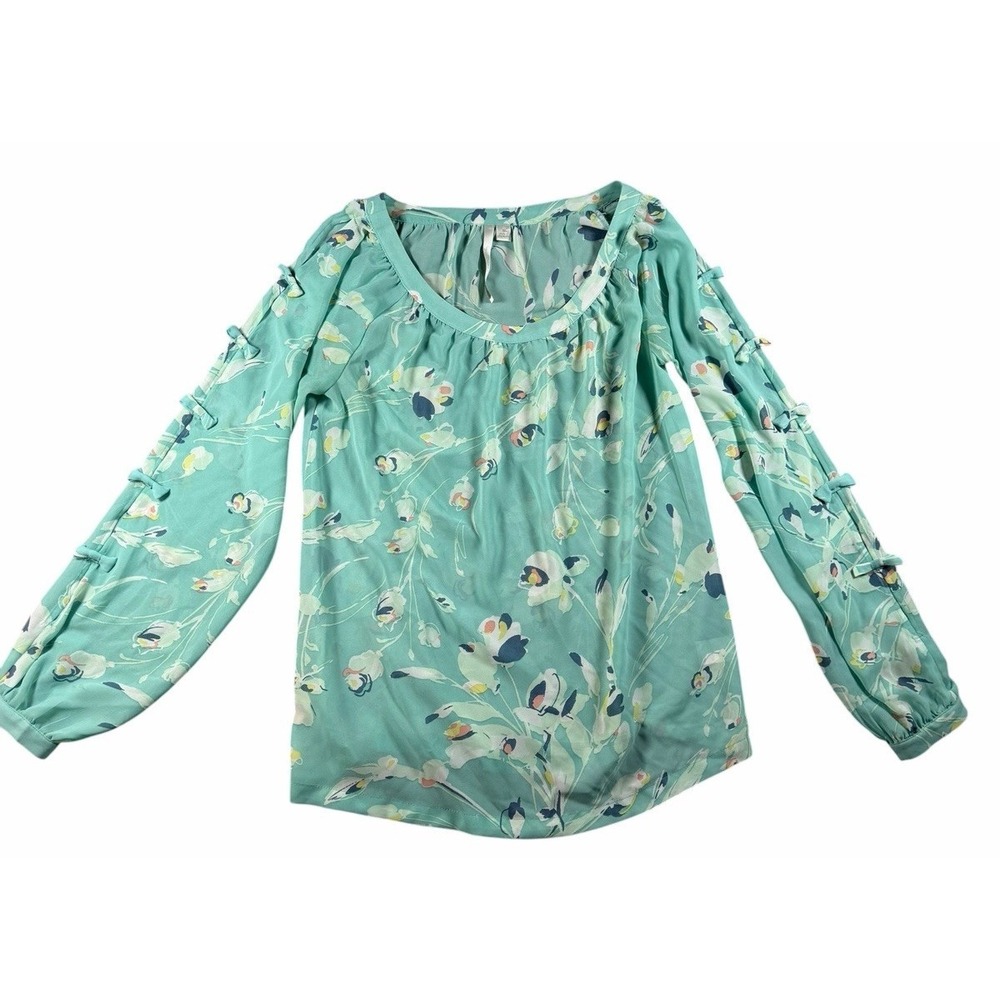 Blouse Womens Small LC Lauren Conrad‎ Mint Green Floral Split Sleeve Bow Detail